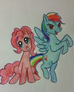 This is a really terrible first fan art of My Little Pony.  I gave Pinkie Pie insane cereal killer eyes, and Rainbow Dash is too fat to fly.