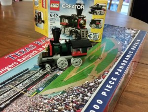 A Lego steam engine and a 1000-piece puzzle that my wife bought me to cheer me up.